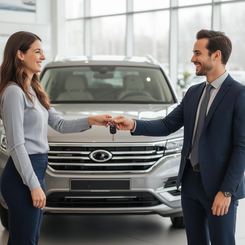 Expert automobile remettant les clés à un client satisfait